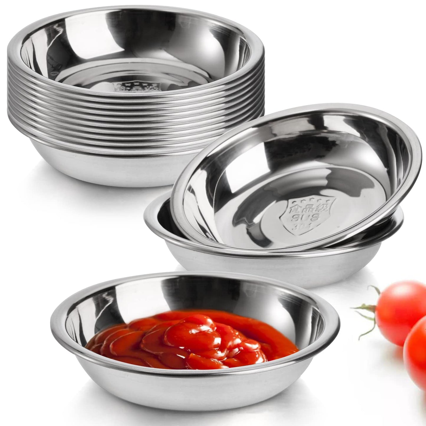 Fasmov 12 Pack 3.75 inches 18/8 Stainless Steel Sauce Bowl Round Seasoning Dishes Sushi Dipping Saucers Bowl Mini Appetizer Plates, Saucers Dishes Sushi Dipping Bowel, Silver