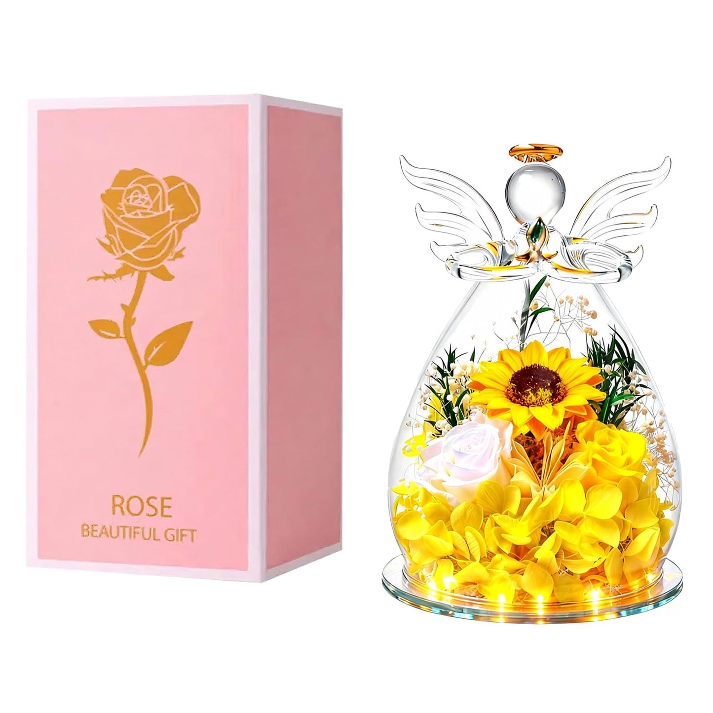 Angel Glass Dome with LED Lights, Preserved Sunflower and Rose Arrangement, Crystal Wings Topper,for Mother's Day,Valentine's Day,Birthday,for Indoor,for You to Send Love for All Occasions