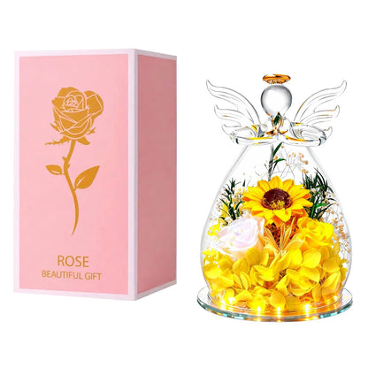 Angel Glass Dome with LED Lights, Preserved Sunflower and Rose Arrangement, Crystal Wings Topper,for Mother's Day,Valentine's Day,Birthday,for Indoor,for You to Send Love for All Occasions