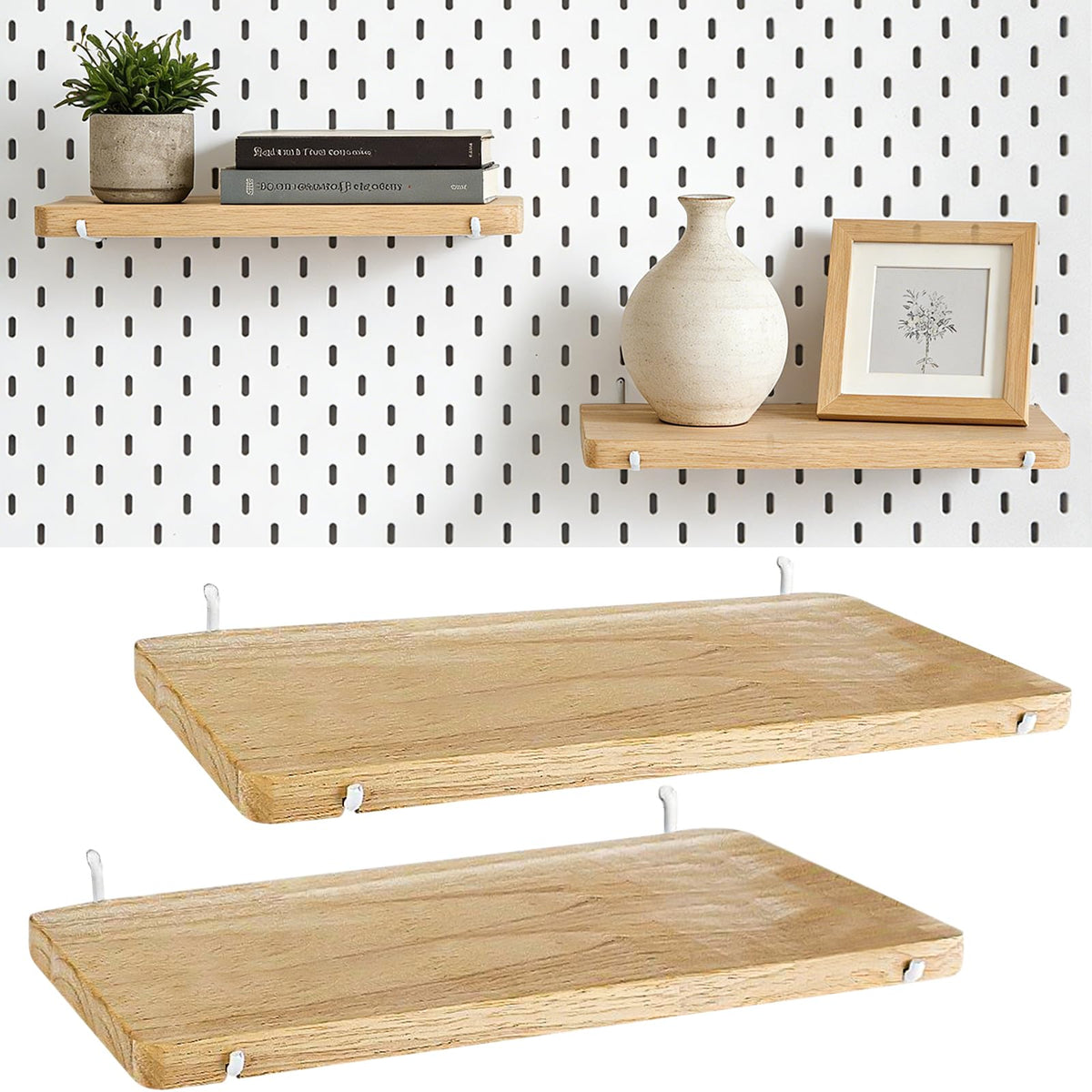 MVRPOWER Pegboard Shelf Set of 2, High Stability Wooden Shelf with 2 Metal Hooks, 15.7" x 6.1" Wooden Peg Board Organizer