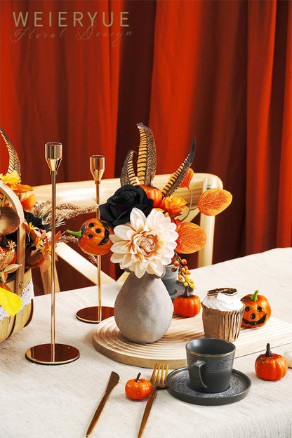 WEIERYUE Halloween Decor Artificial Flowers Black Roses with Pumpkins, Box Set Fake Flowers for, Indoor and Outdoor Front Party Party Decorations (Halloween Pumpkins are Orange and Black)