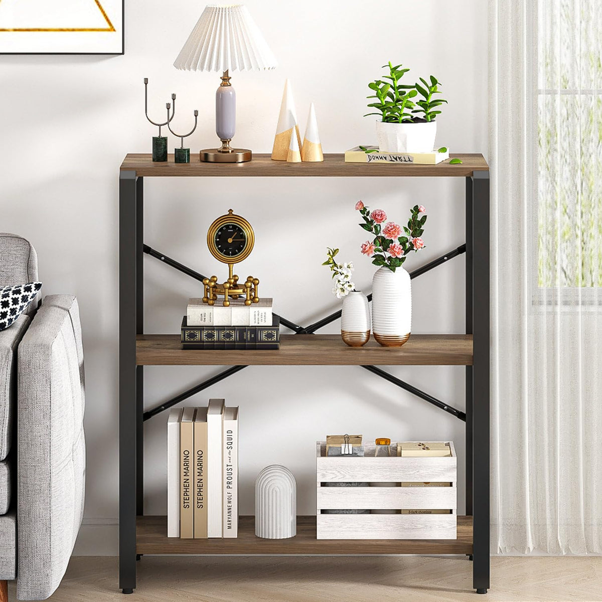 FOLUBAN Small Bookshelf, 3 Tier Open Book Shelf, Rustic Wood and Metal Shelving Unit for Small Space, Oak
