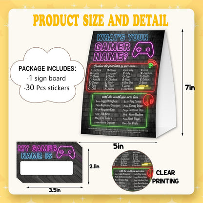 EQIUAG What's Your Gamer Name, Funny Game Night Decorations Cards Set,1 Game Sign and 30 Cards Games, Perfect for Birthday Party Activities