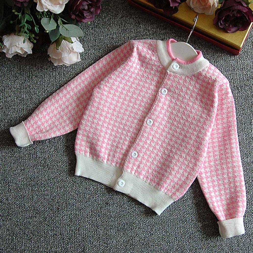 CM C&M WODRO Girls Dress, Autumn Winter Toddler Kids Plaid Knitted Sweater Dress Set Baby Girls Coat Tops+Skirt Set (Pink, Size 9 (3-4 Years))