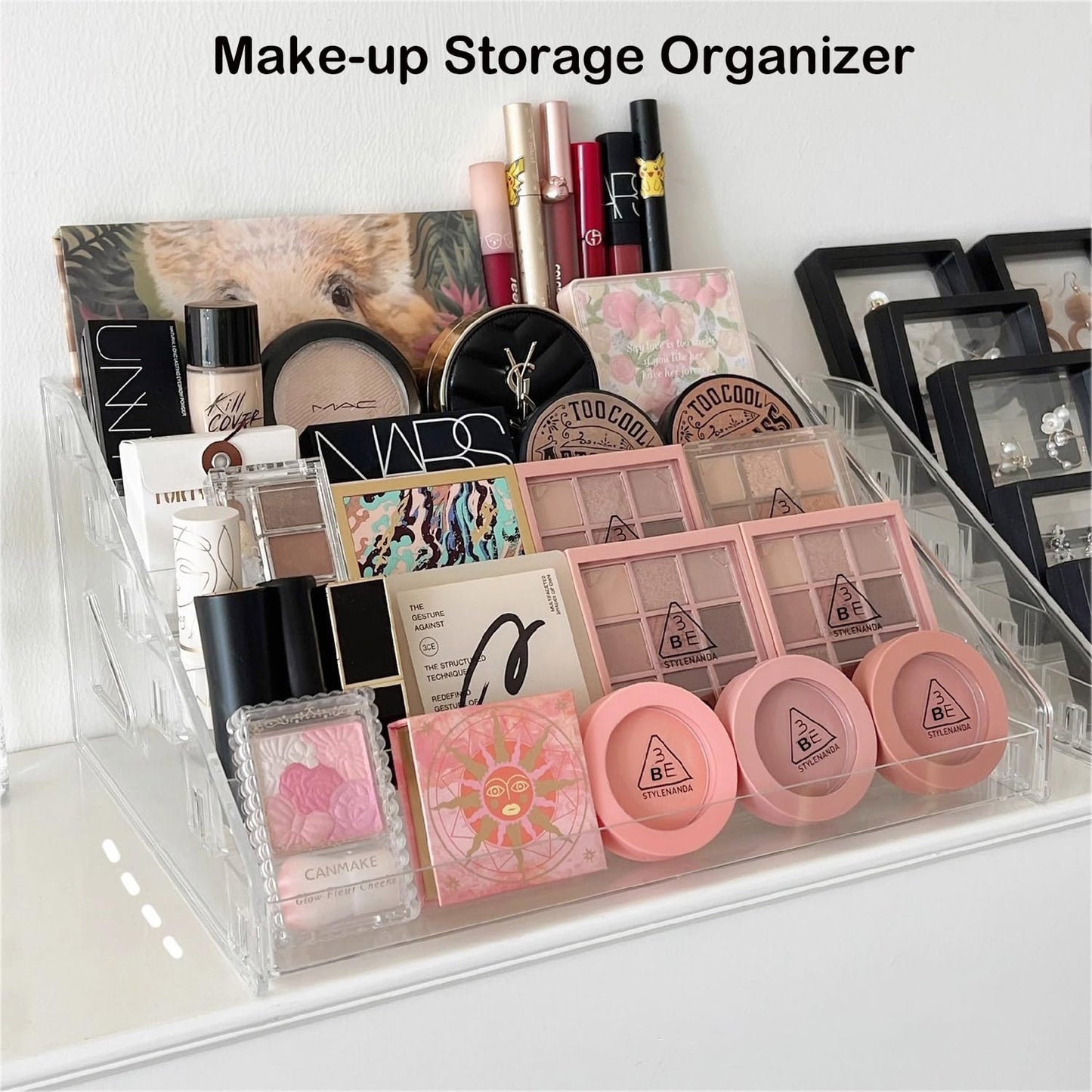 5 Tier Acrylic Display Stand Organiser with Fences, No Assembly Perfume Stand Organiser, Clear Display Shelf for Home, Office, Retail for Funko Figures Toys Cupcake Food, Cologne, Cosmetics, Storage