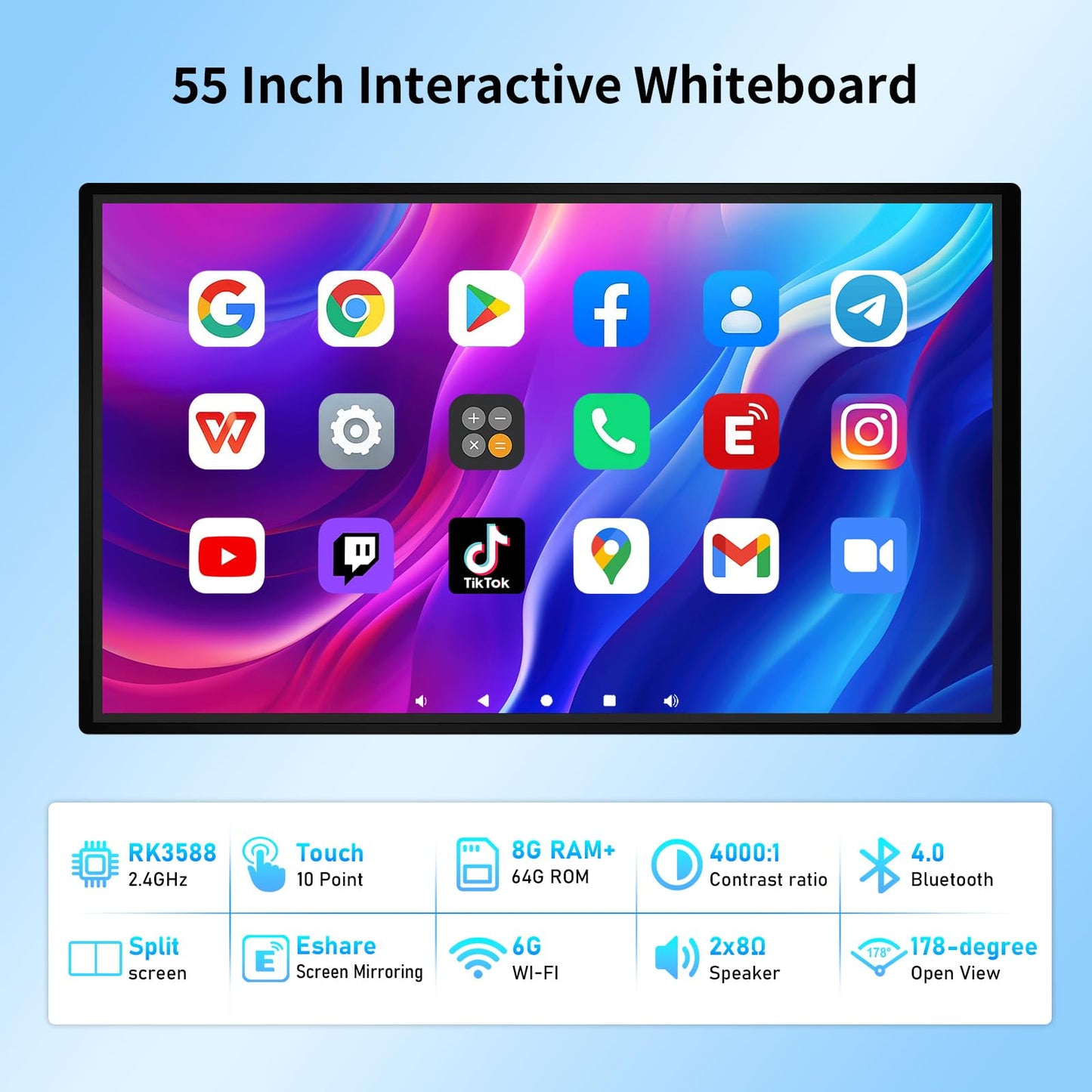 55" Smart Board, Electronic Interactive Smartboard for Classroom, Screen Mirroring, Android iOS 12, Digital Whiteboard for Presention Annotation Live Streaming(Wall Mount Included)