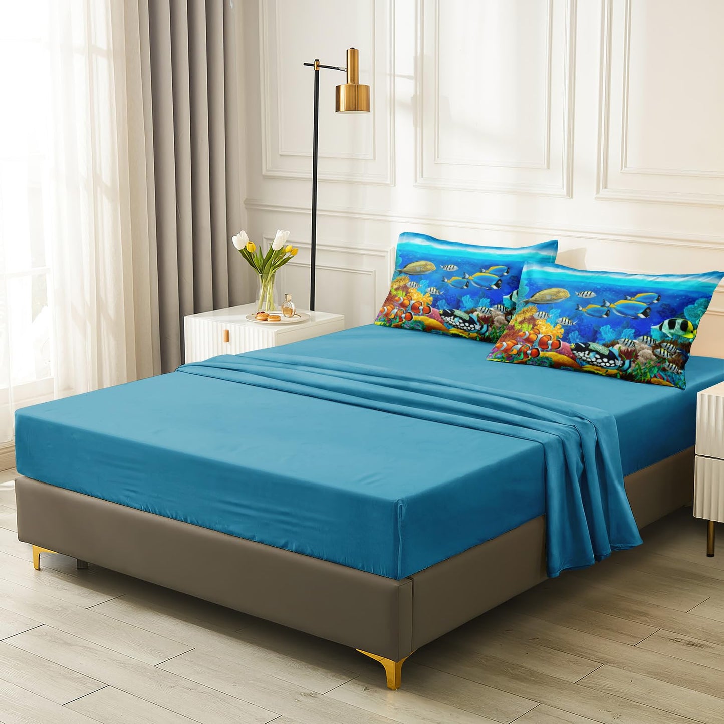 Bedding_Dreamer Ocean Queen Comforter 8 Pcs Sea Animal Tropical Fish Home Decor Sheet Set Blue Bed in a Bag with 1 Cushion Cover