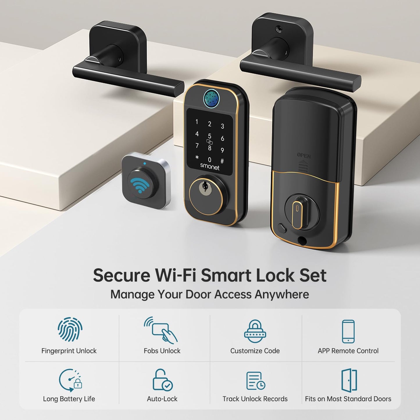 Keyless Door Lock with Handle Set - SMONET WiFi Fingerprint Smart Locks for Front Door, App Remote Control, Digital Bluetooth Keypad Deadbolt Set with Alexa, Auto Lock, Code, Fobs for Home Black