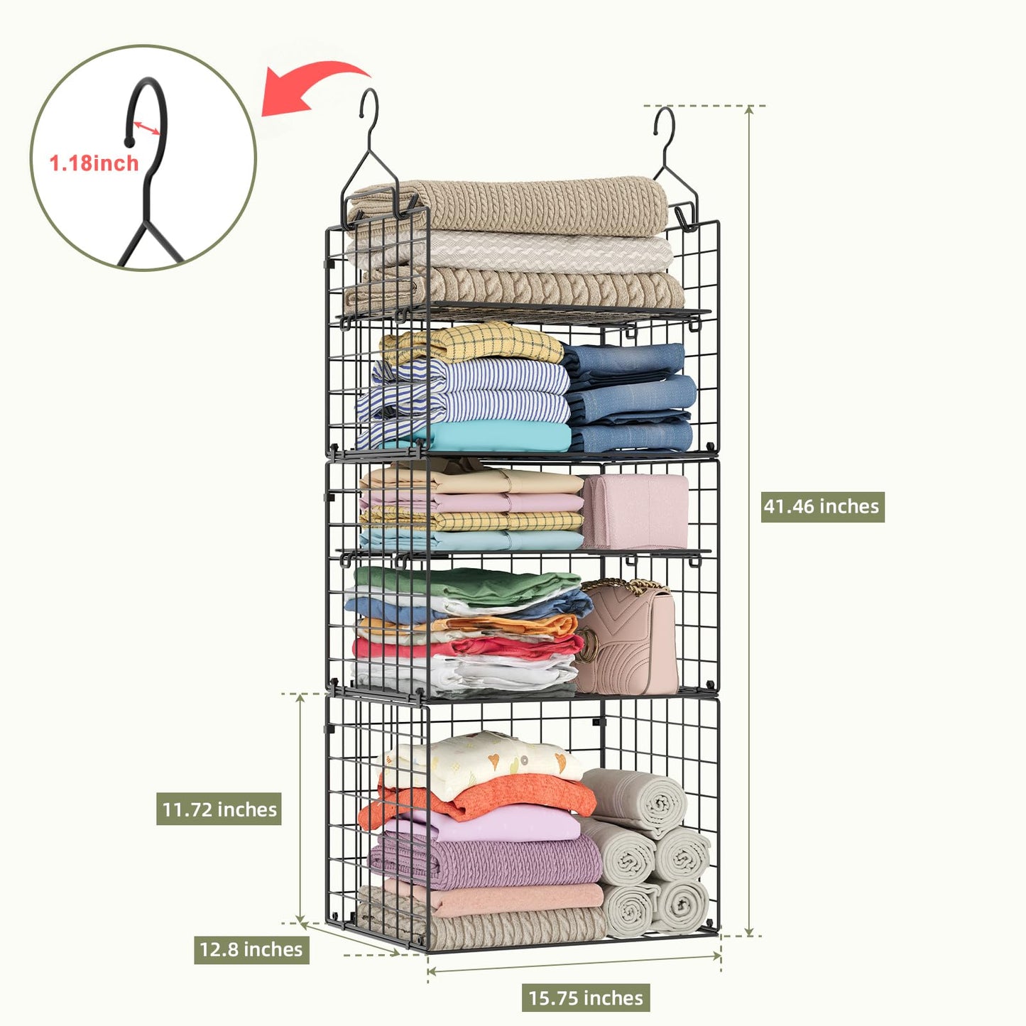 X-cosrack Closet Hanging Organizer Shelves - 5 Tier Wardrobe Organizers and Storage Bin, Hanging Organizer Shelves, Clothes Shelf with Adjustable Dividers for Bedroom Closet Sweater Shoes Handbag