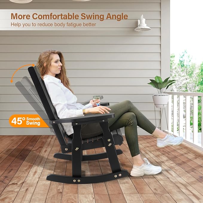 VINGLI Heavy Duty 600 LBS Outdoor Wooden Rocking Chair with Higher Backrest,Patio Rocking Chair with Ergonomic Design, Weatherproof Outdoor Rockers Suit for Patio, Garden, Balcony, Yard, Black