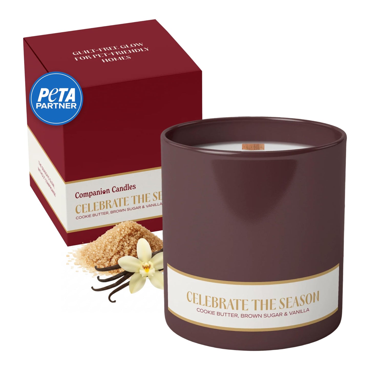 Companion Candles Celebrate the Season Pet-Friendly Scented Candle – Cookie Butter, Brown Sugar & Vanilla Fragrance - Coconut Soy Wax Candle with Wooden Wick, 50-Hour Burn Time, Made in USA, 11.8 oz