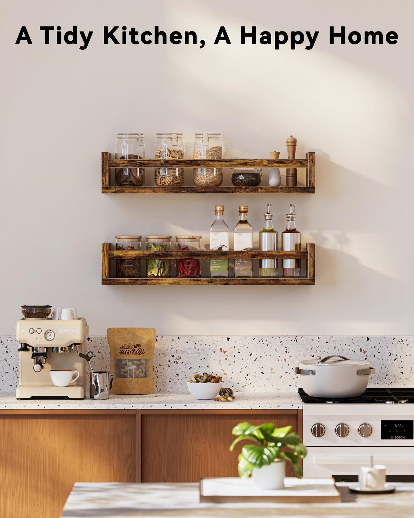 Bavonira Spice Rack Wall Mount - 4-Pack Wooden Hanging Spice Rack for Wall - Rustic Wood Spice Wall Rack for Kitchen Seasoning Organization (4, Rustic Brown, 15.7 Inches)