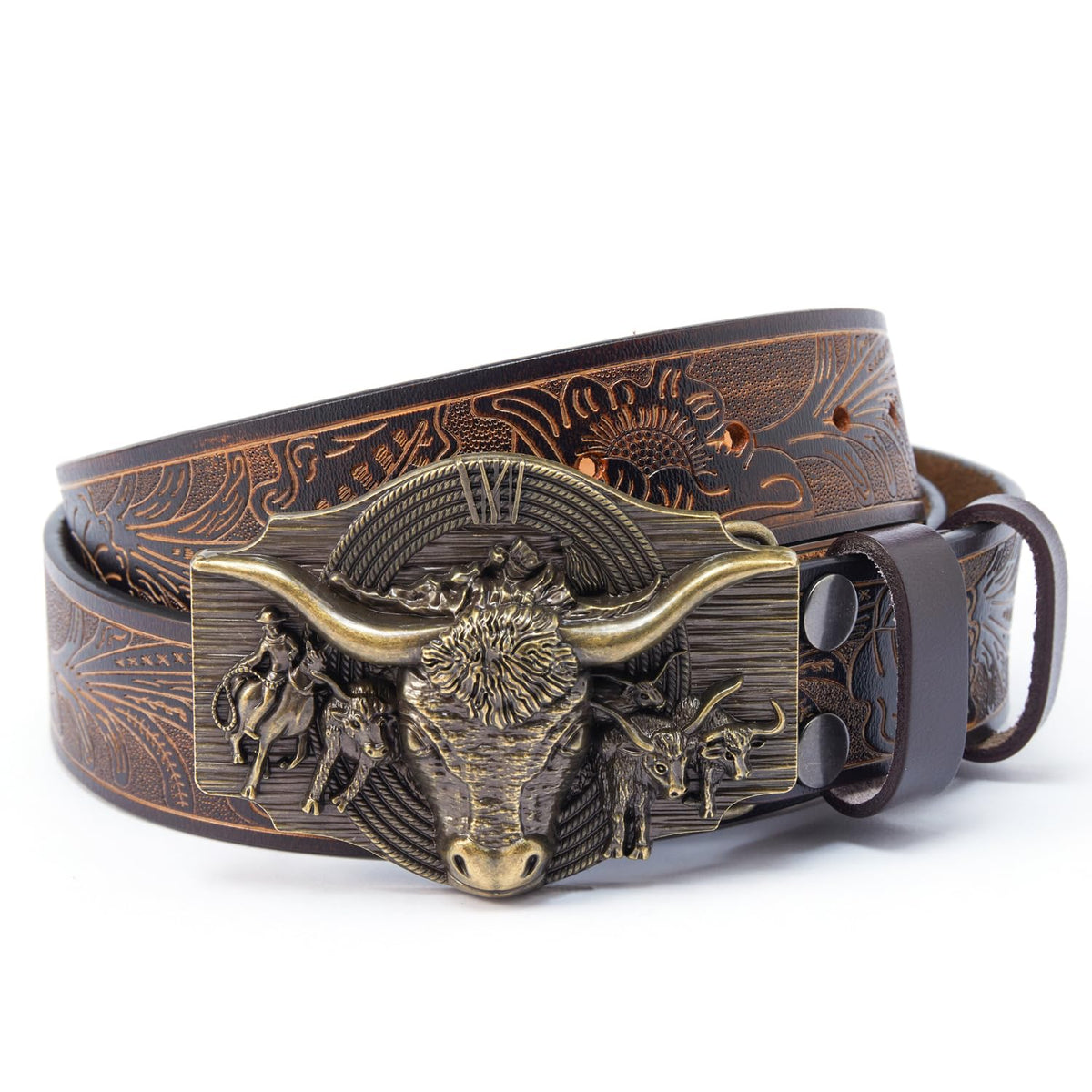 JIMJOY Men's Western Leather Belt Cowboy Belts for Men Big Engraved Buckle Belts