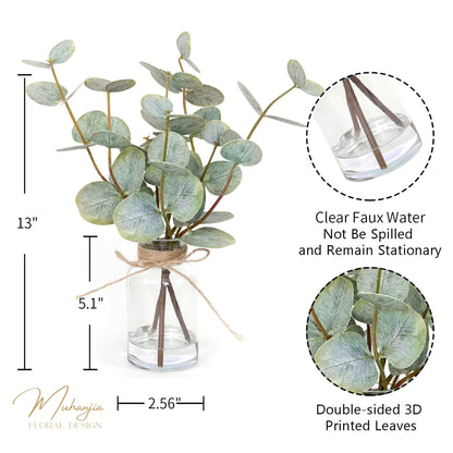 Muhanjia Artificial Eucalyptus Stems in Glass Vase with Faux Water,3Pcs Fake Plant with Double-Sided Green Leaves for Centerpiece(Double-Sided Green Eucalyptus)