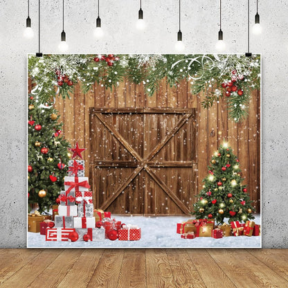 Merry Christmas Backdrop 10x10ft Xmas Tree Wood Barn Door Photography Backdrop Christmas Tree Wreath Gift Box Xmas Light Photoshoot Background New Year Xmas Party Decorations Backdrop Banner Supplies
