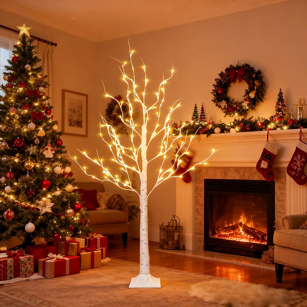 Dazzle Bright 2 Pack Lighted Birch Tree, 4 FT Total 96 LED Pre-lit Artificial Christmas Tree with Timer, Christmas Decorations Indoor Outdoor for Home Garden Party Thanksgiving Decor, Warm White