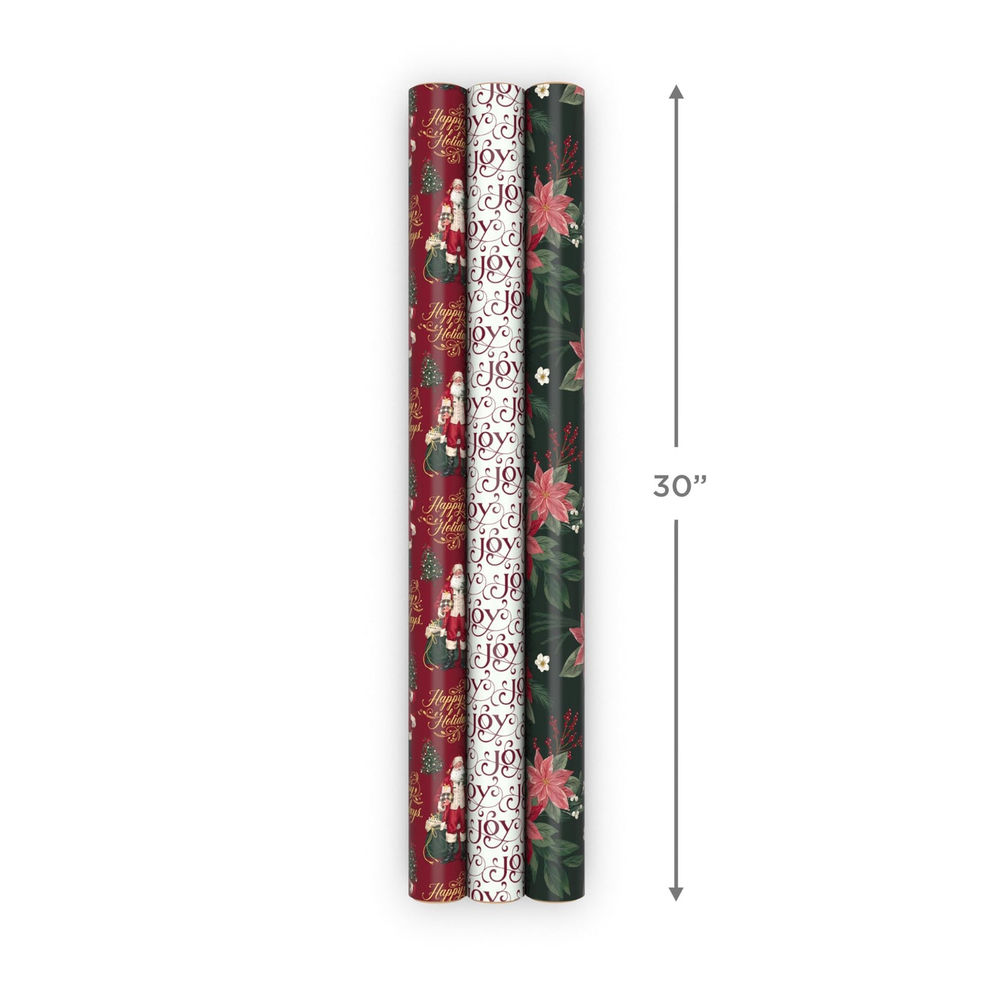 Hallmark Elegant Christmas Wrapping Paper Rolls (3 Rolls: 120 Sq. Ft. Total) Red Joy on White, Santa Claus and Happy Holidays on Red, Painted Poinsettia on Hunter Green