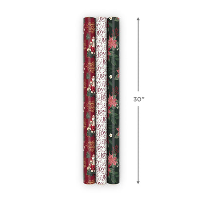 Hallmark Elegant Christmas Wrapping Paper Rolls (3 Rolls: 120 Sq. Ft. Total) Red Joy on White, Santa Claus and Happy Holidays on Red, Painted Poinsettia on Hunter Green