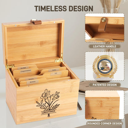 Large Bamboo Greeting Card Organizer Box with 6 Removable Dividers, Real Leather Handle, 100% Handmade Solid Bamboo, Storage Box for Christmas, Valentine, & Birthday Cards, Postcards, Stationery