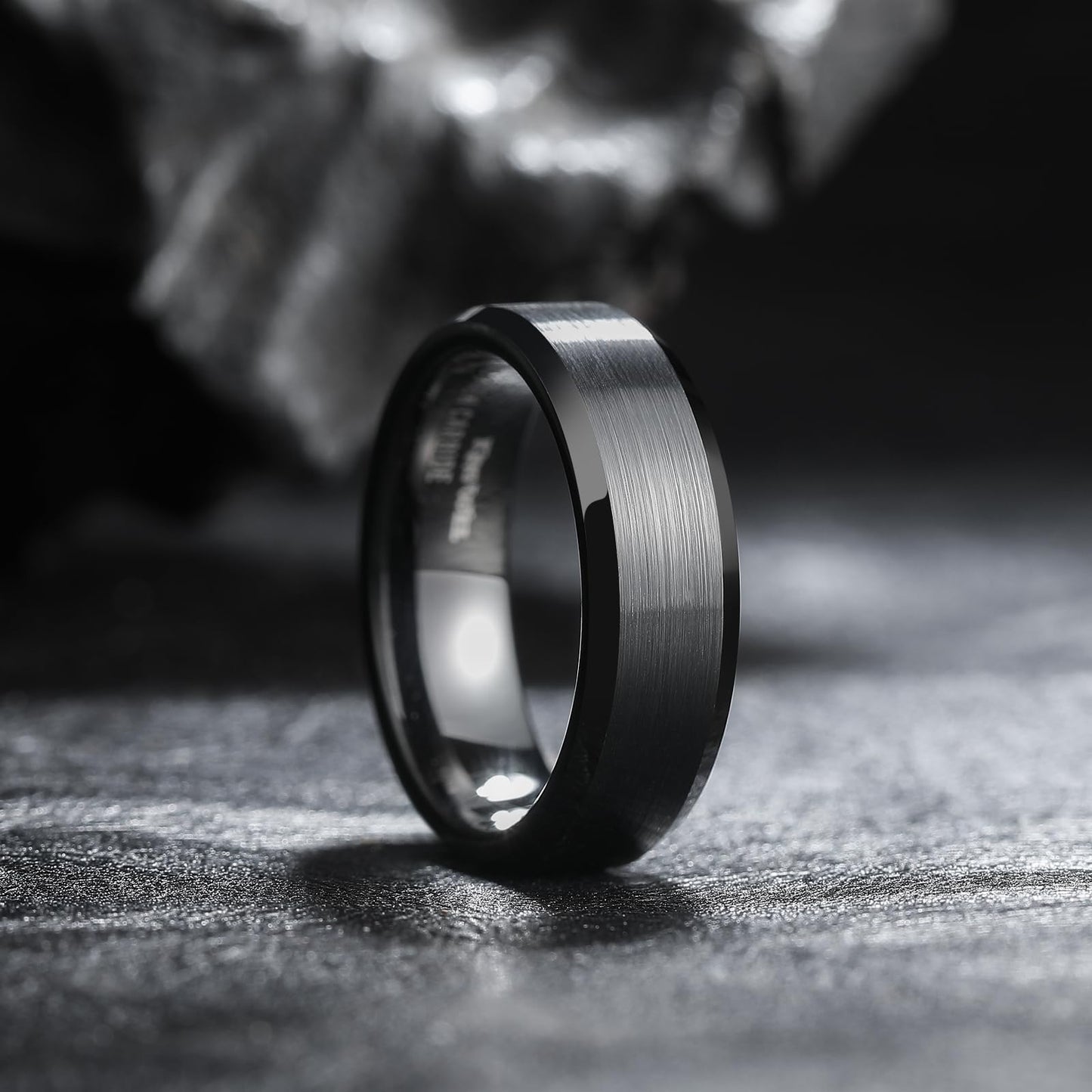 King Will BASIC 7mm Men Black Tungsten Carbide Wedding Ring Brushed Finish Beveled Polished Edge 10