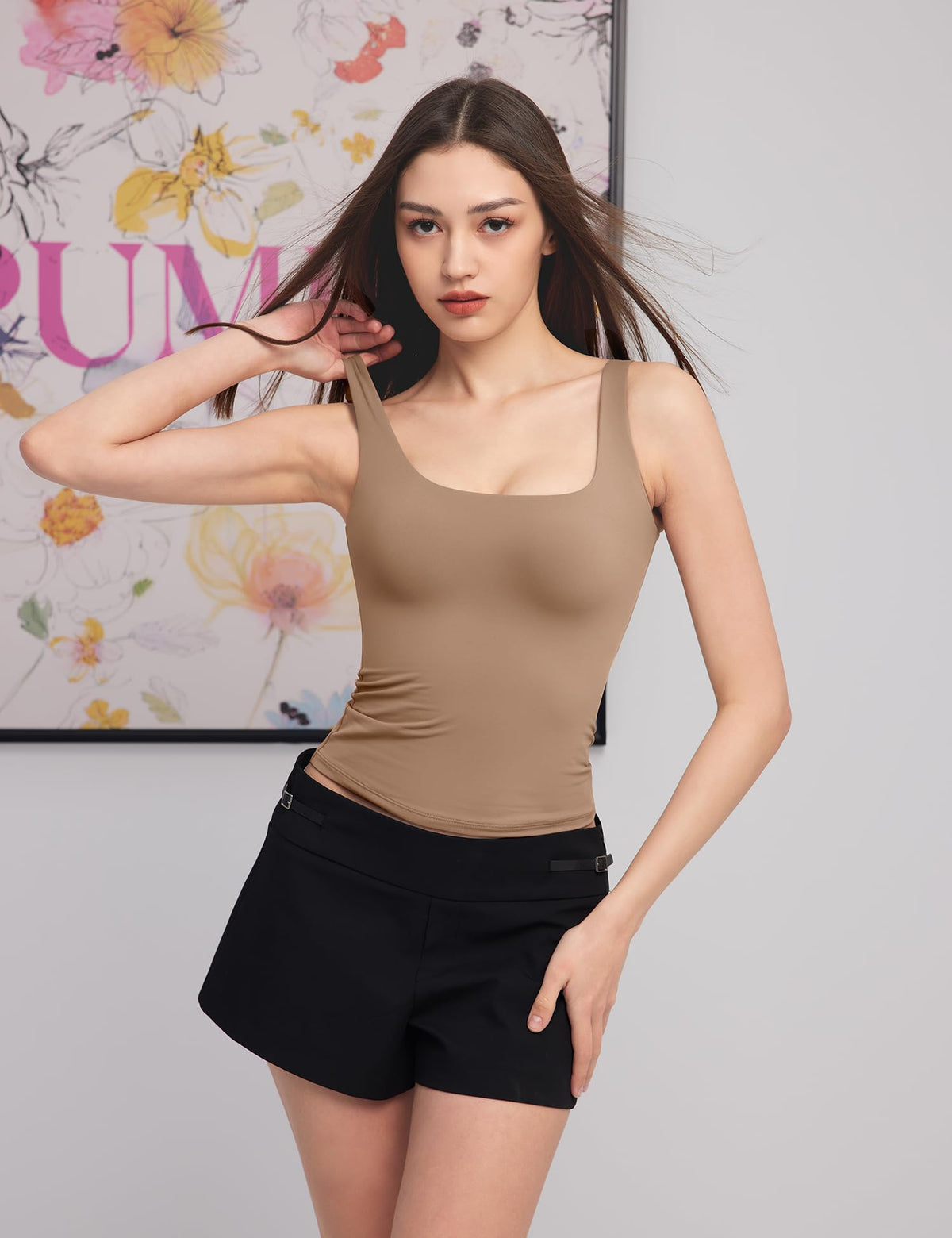PUMIEY Tank Top for Women Square Neck Sleeveless Double Lined Summer Tops, Taffy Medium