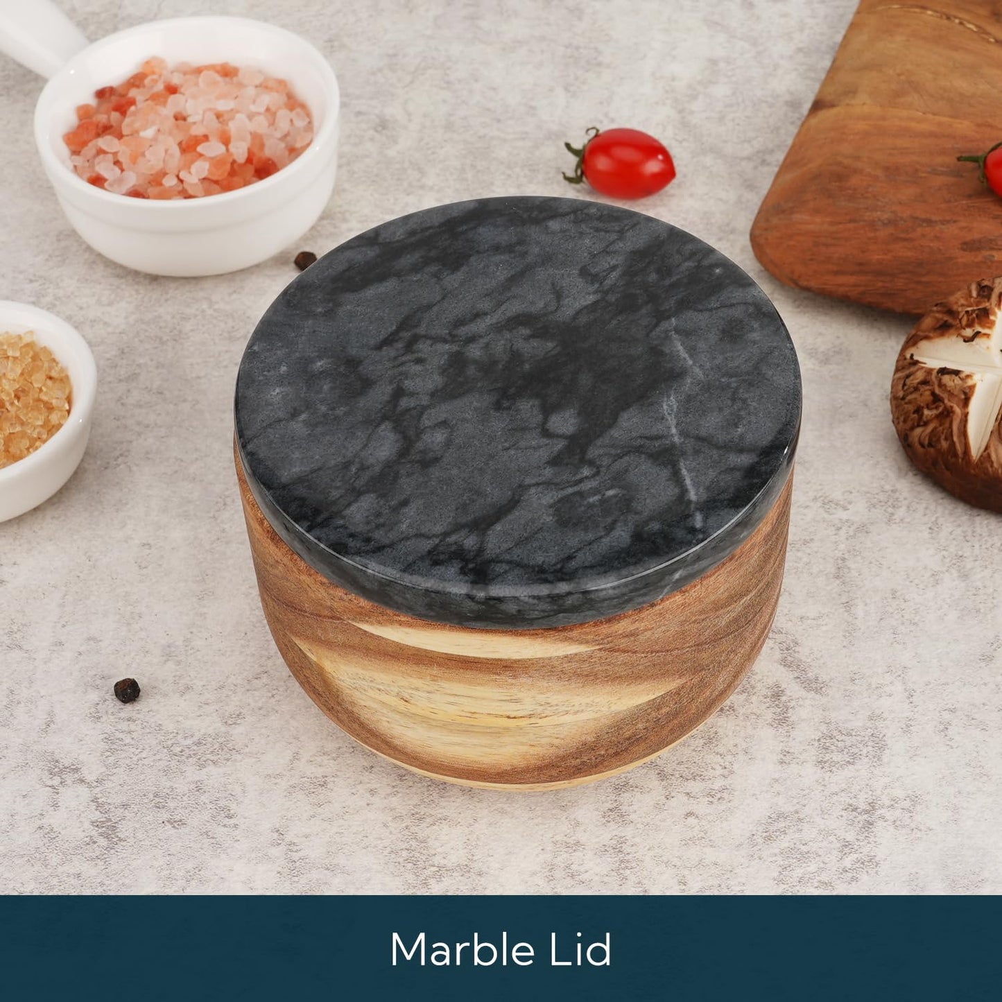 KITCHENDAO Large Acacia Salt Cellar Box Bowl with Built-in Spoon and Marble Lid, Solid Natural Acacia Wood Bath Sea Salt Container, Black Marble Lid, Pepper Sealer Pinch Bowl, 10oz Capacity