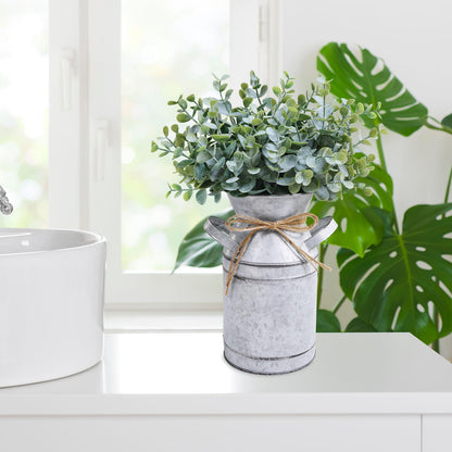 Winlyn Farmhouse Galvanized Metal Milk Can with Artificial Eucalyptus Greenery Arrangement Fake Plants Farmhouse Centerpieces 11.8" Tall for Rustic Country Wedding Home Table Tiered Tray Shelf Décor