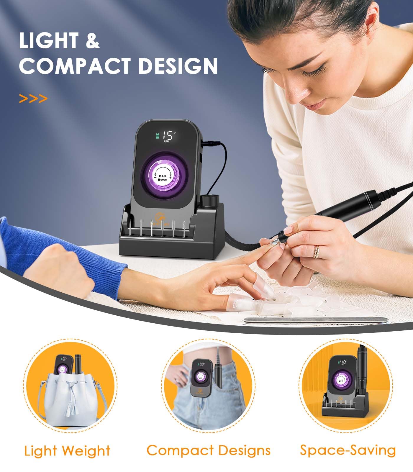 Portable Nail Drill Electric File: 40000RPM Professional Rechargeable Nail E-File Machine, Cordless Nail Drill with Bits & Base for Acrylic Nails Remove Nail Gel Polish Manicure for Salon Home, White