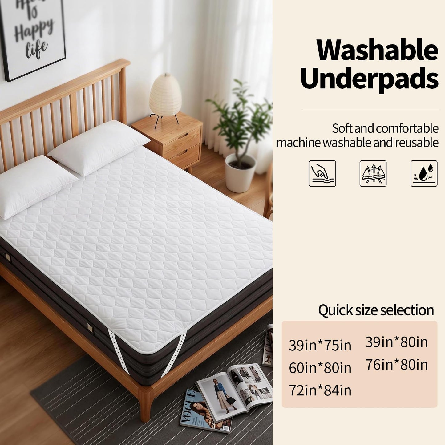 Florith Waterproof Mattress Protector Queen Size 60"x80"– Incontinence Bed Pad with TPU Backing, Adjustable Straps Fits 4-21" Deep Mattresses, Soft Quilted & Machine Washable, Breathable & Non-Slip
