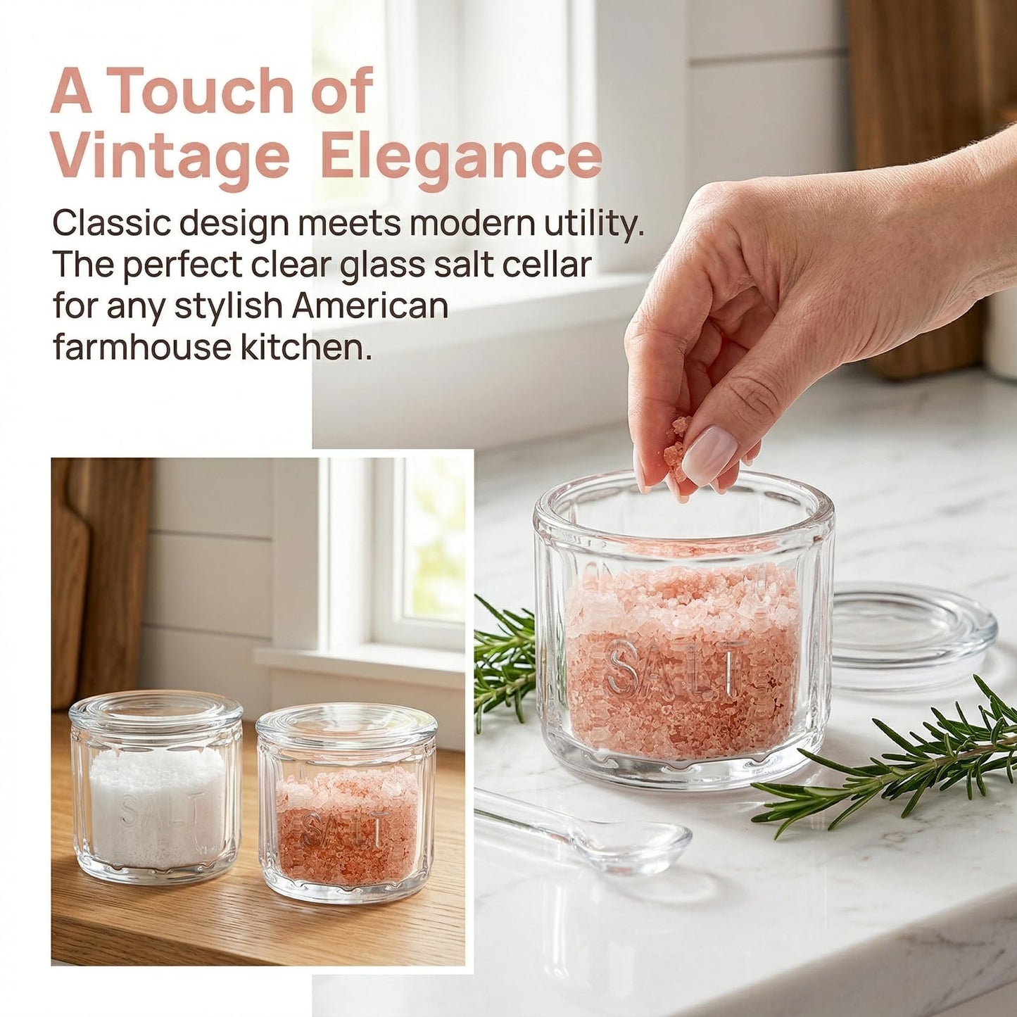 Nicunom 2 Pack Clear Glass Salt Cellar with Lid, Salt Storage Container Salt Box, Retro Style, Kitchen Decor, Wedding Gift, 3.75" D x 3.15" H