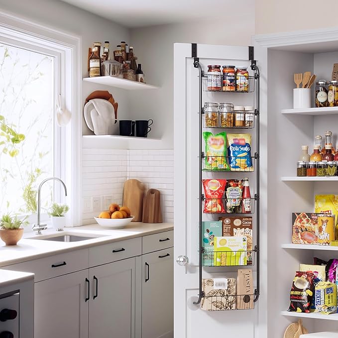 Delamu Narrow Over the Door Pantry Organizer, 6-Tier Metal Pantry Door