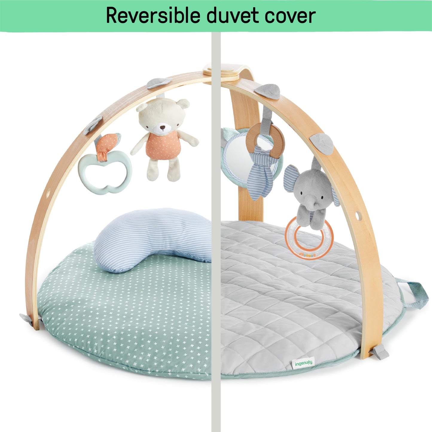 Ingenuity, Cosy Spot Reversible Duvet Activity Gym and Padded Play Mat with Wooden Removable Toy Bar, 6 Detachable Toys, Foldable for Easy Transport, Neutral Design - Loamy, Ages Newborn +