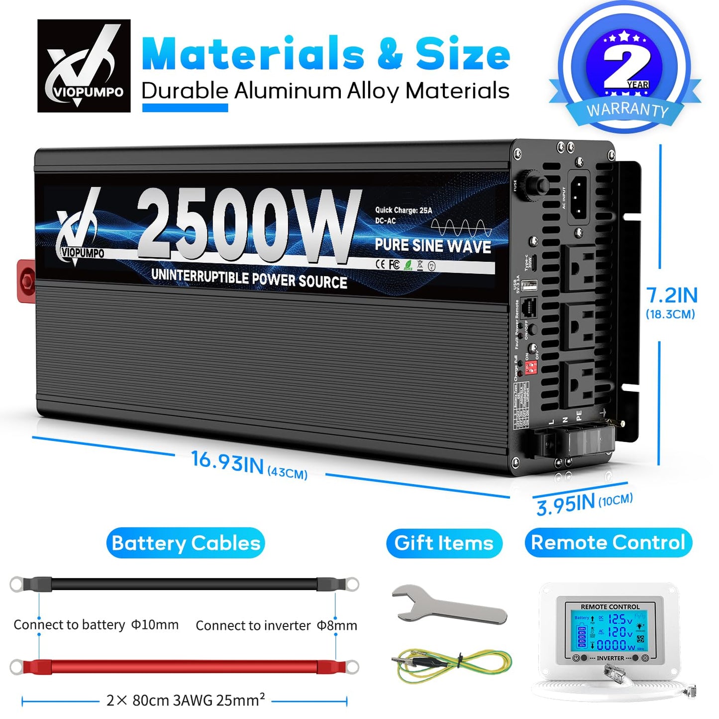 2500 Watt Sump Pump Backup Battery System, Automatic Switching to Battery Inverter Power, Professional Backup System in Case of Power Failure, Pure Sine Wave Output Remote Controller with LCD Screen