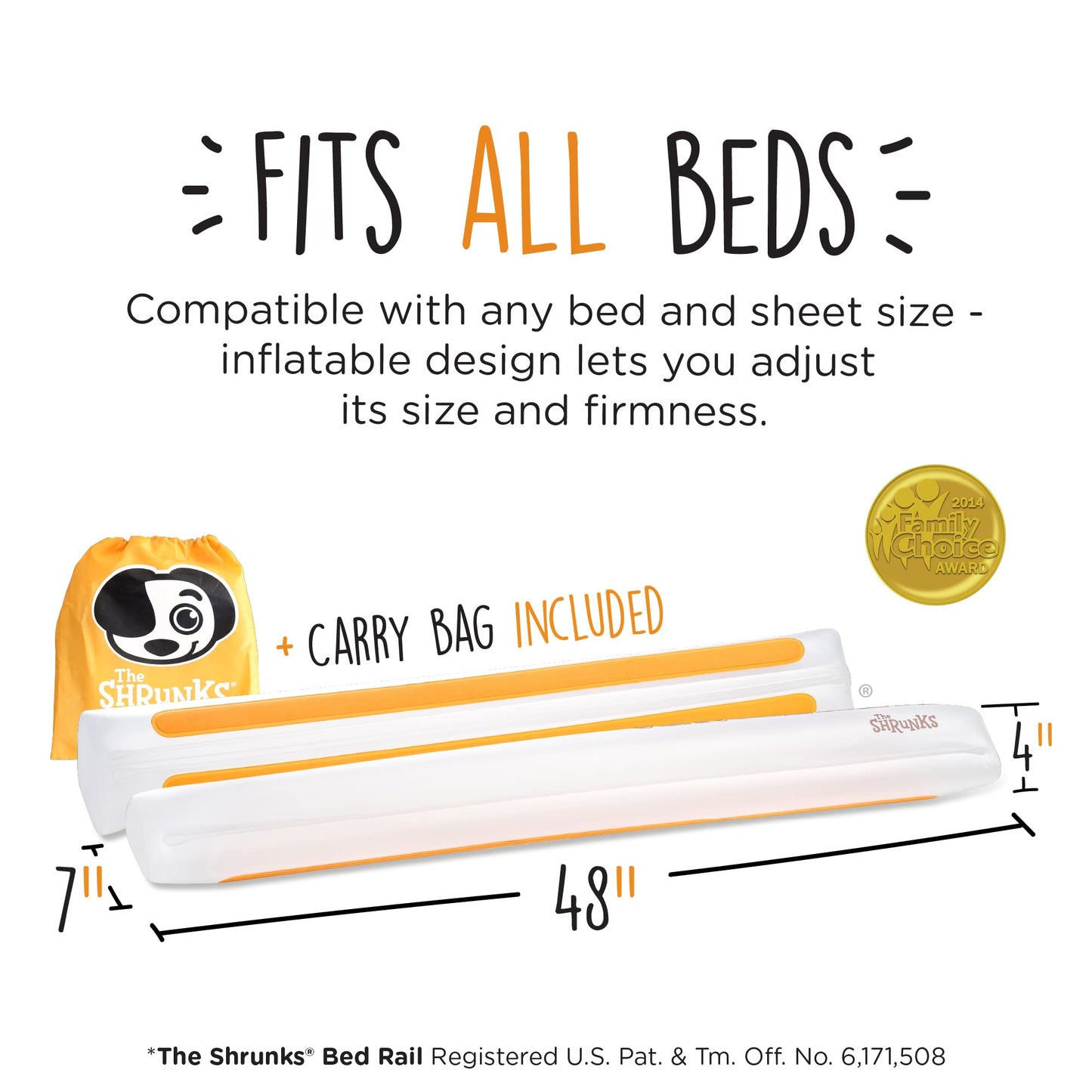 The Shrunks Sleep Security Inflatable Bed Guard (2 Pack) - Safe & Portable Toddler Bed Guard / Cot Bumpers for Travel, Holiday or Home Use, 122x18x10cm fits under Bed Sheet with non-slip grips.