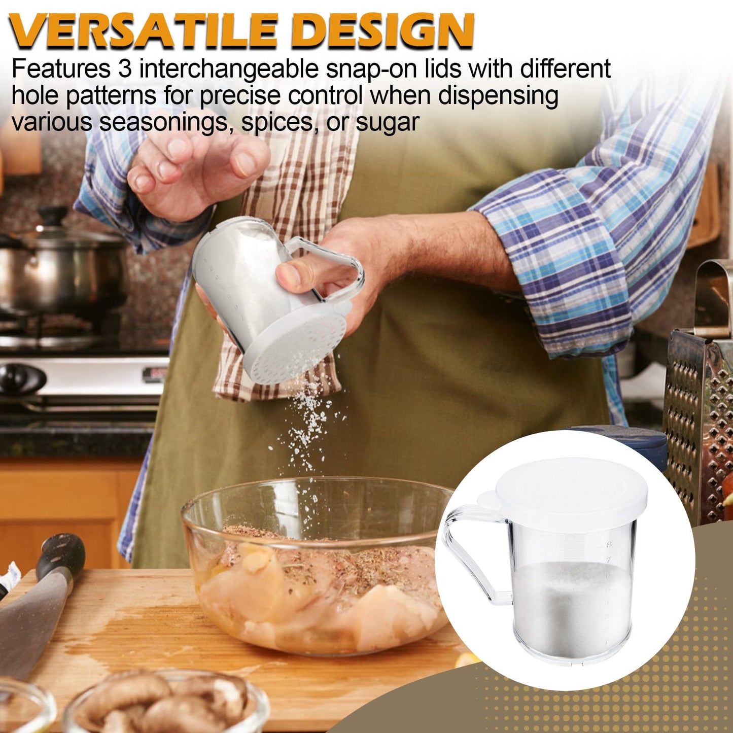 22513 Plastic Dredge Shaker with 3 Snap-on Lids, 10 oz Seasoning Sugar Spice Dispenser