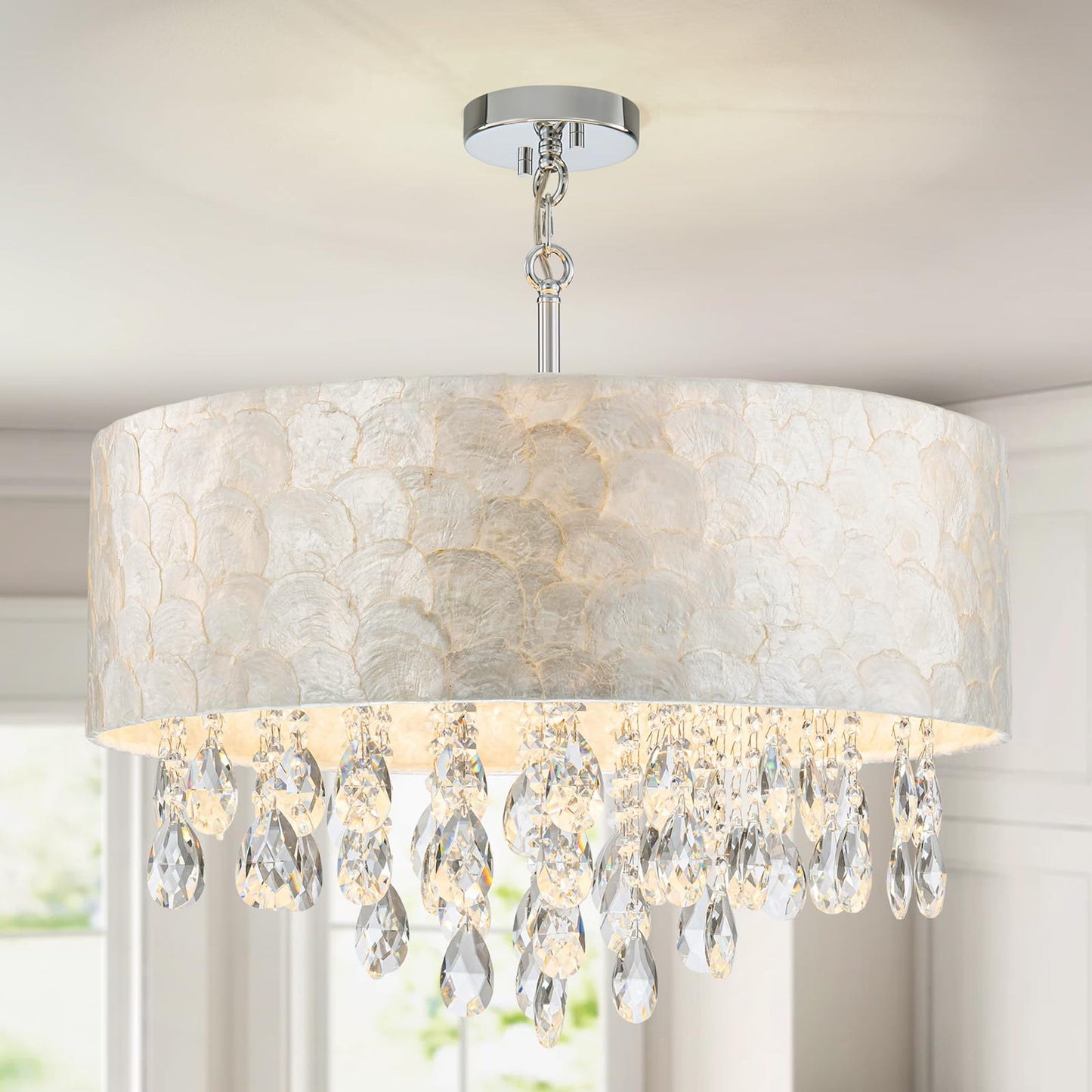 LumFurn X-Large D24in Drum Capiz Shell Crystal Chandeliers, 6-Light Coastal Style Light Fixture for Dining Room, Living Room, D24xH23~71in(Adjustable), K9 Crystal, Shell Lampshade & Chrome Finish
