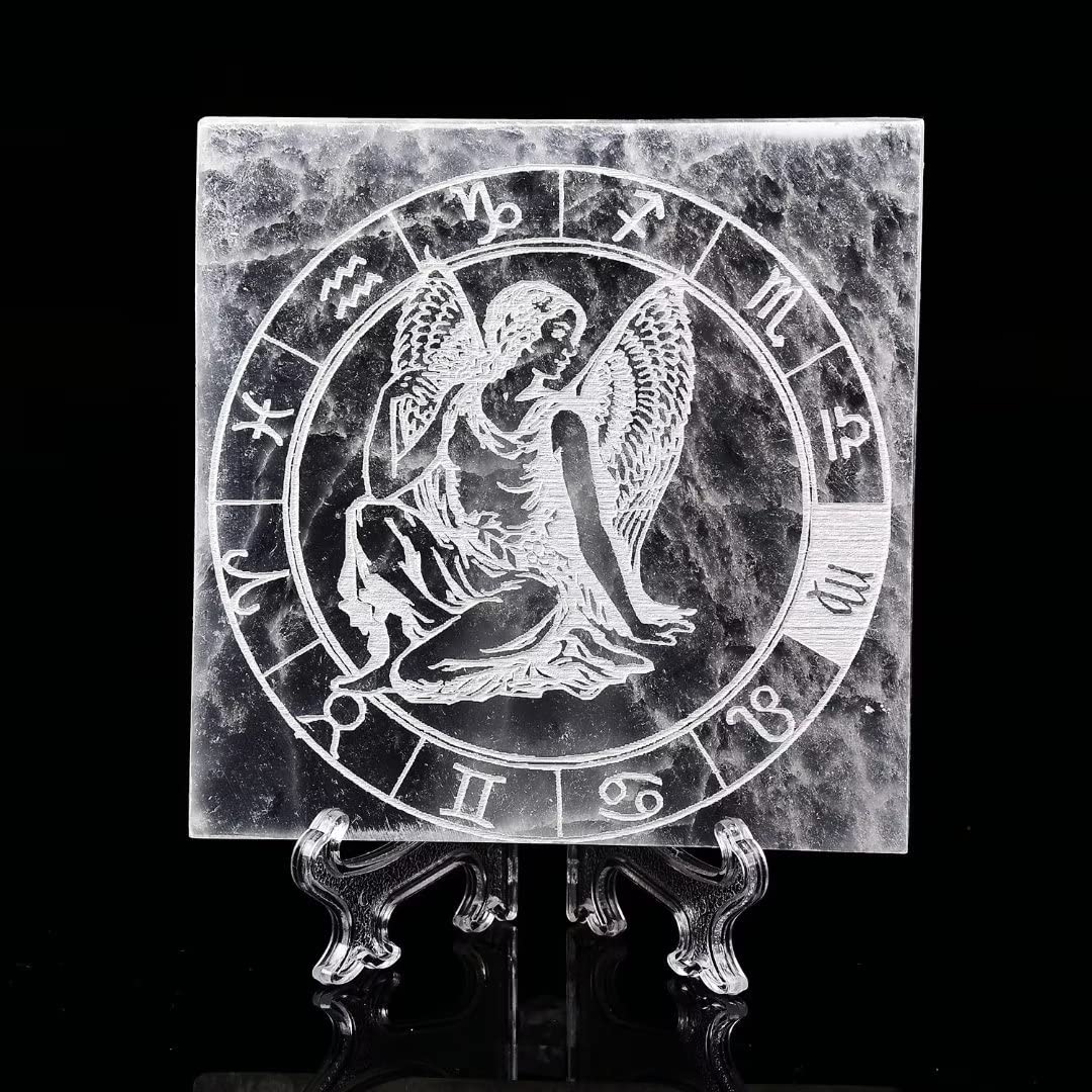 AMOYSTONE Selenite Crystal Charging Plate for Healing Crystal Stone Selenite Pieces Square Slab Etched Virgo 4" with Stand