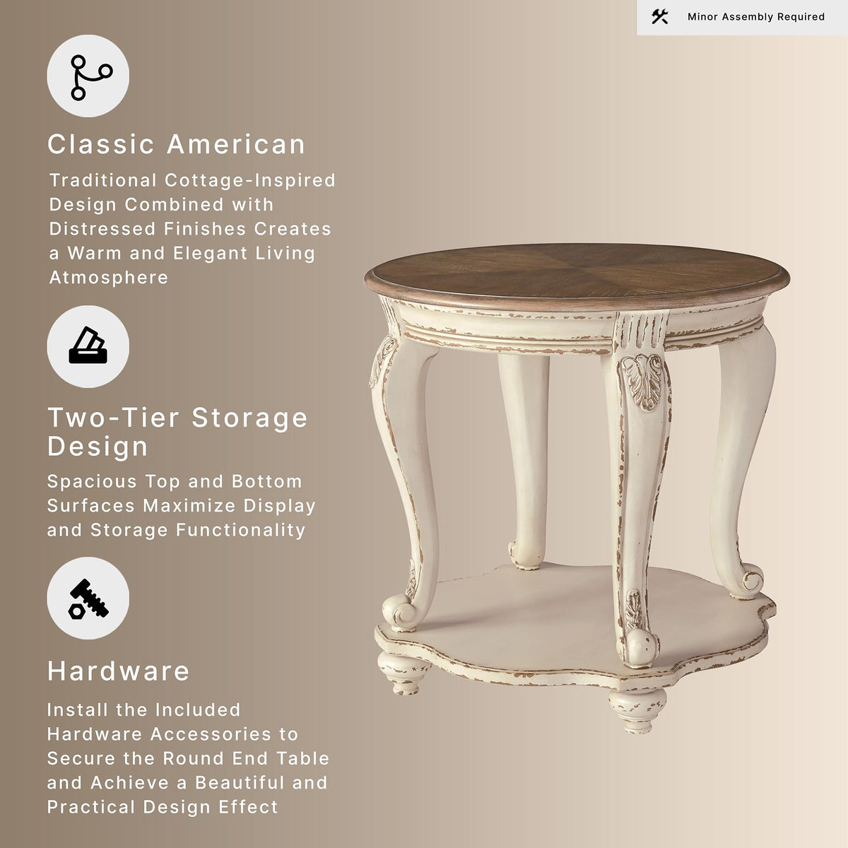 Signature Design by Ashley Realyn Round End Table, Cottage-Style Side Table with Antiqued Two-Tone Finish, Wood & Veneer Construction for Living Room or Bedroom, White/Brown