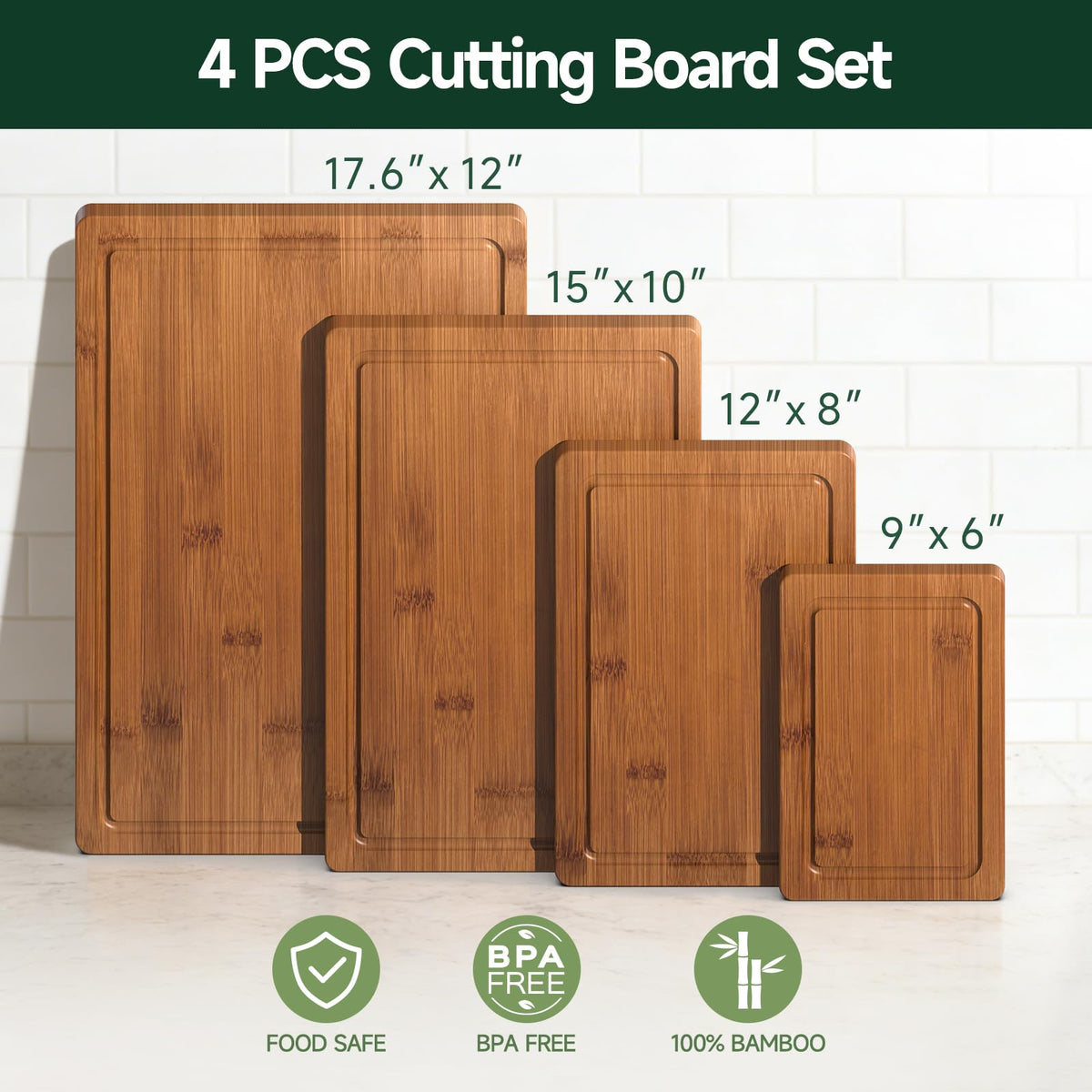 Zeawec 4-Piece Set Deep-Carbonized Bamboo Cutting Board for Kitchen - Crack-Resistant Wood Chopping Boards with Deep Juice Grooves, Pre-Oiled Butcher Block for Meat, Vegetables & Cheese, Carbonized