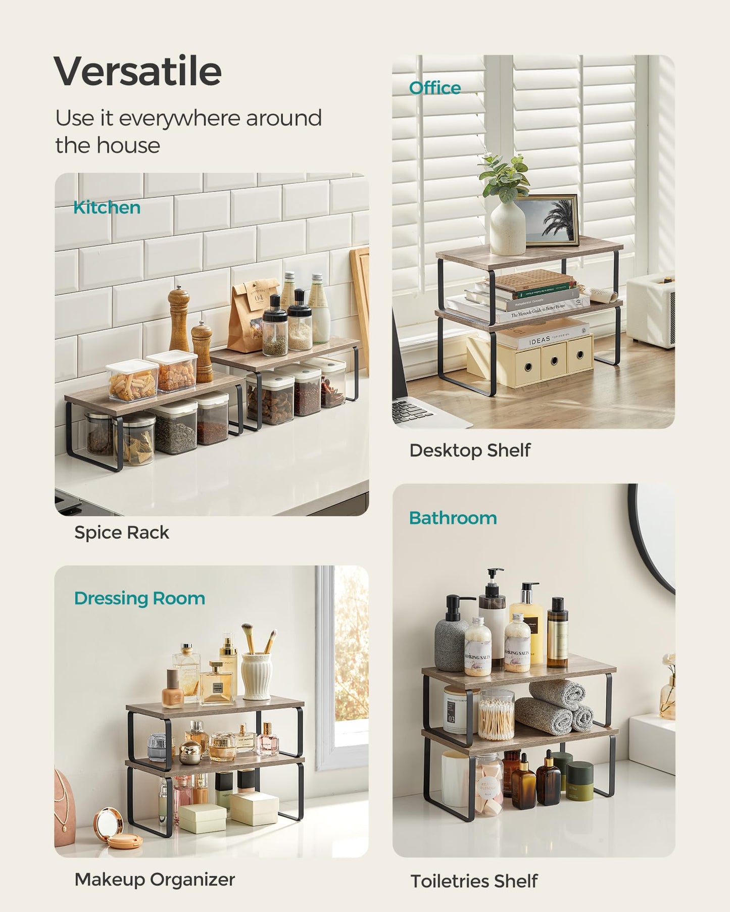 SONGMICS Cabinet Organizer Shelf, Set of 2 Kitchen Counter Shelves, Kitchen Storage, Spice Rack, Stackable, Expandable, Metal and Engineered Wood, Ink Black and Natural Beige UKCS02NB