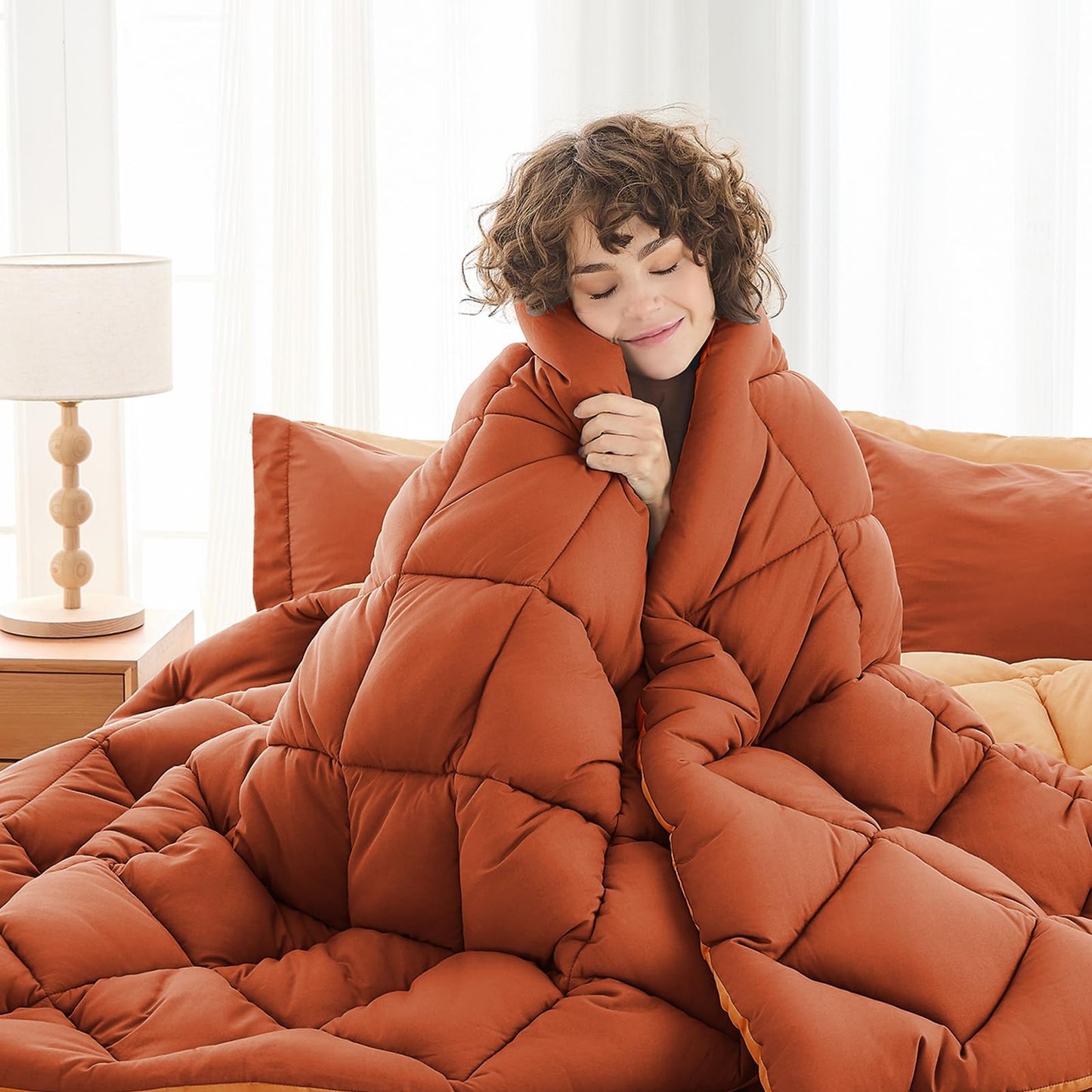 MUXHOMO 7 Pieces Queen Comforter Set, Reversible Bed in a Bag Queen Size, All Season Bedding Set with Comforter, Flat Sheet, Fitted Sheet, Pillowcases & Shams, Burnt Orange & Camel