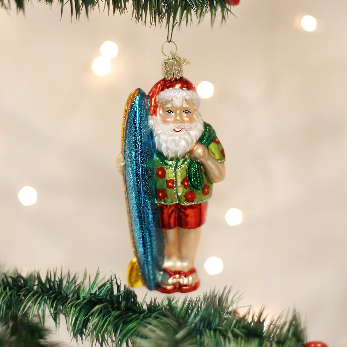 Old World Christmas Surfer Santa Glass Blown Ornament for Christmas Tree, Handcrafted Holiday Decoration, Santa Collection