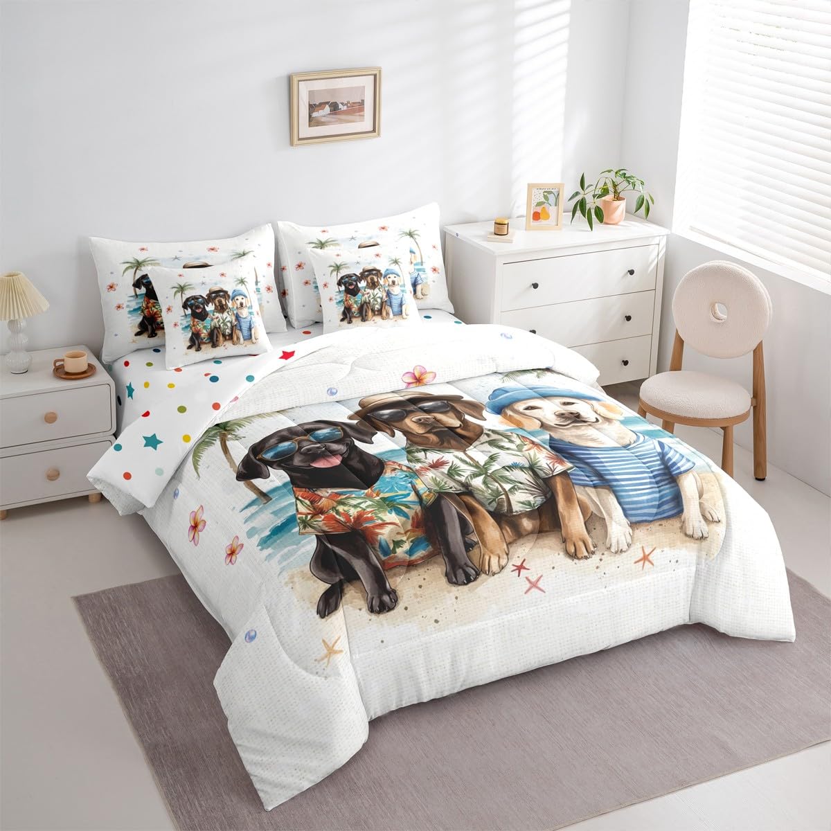 Erosebridal Summer Beach Bed in A Bag Full, Kawaii Dogs Comforter Set with Sheets, Sea Beach 7 Pieces Bedding Set for Kids Boys Teens Girls Women Men Bedroom, Floral Starfish Coconut Tree Bed Sets
