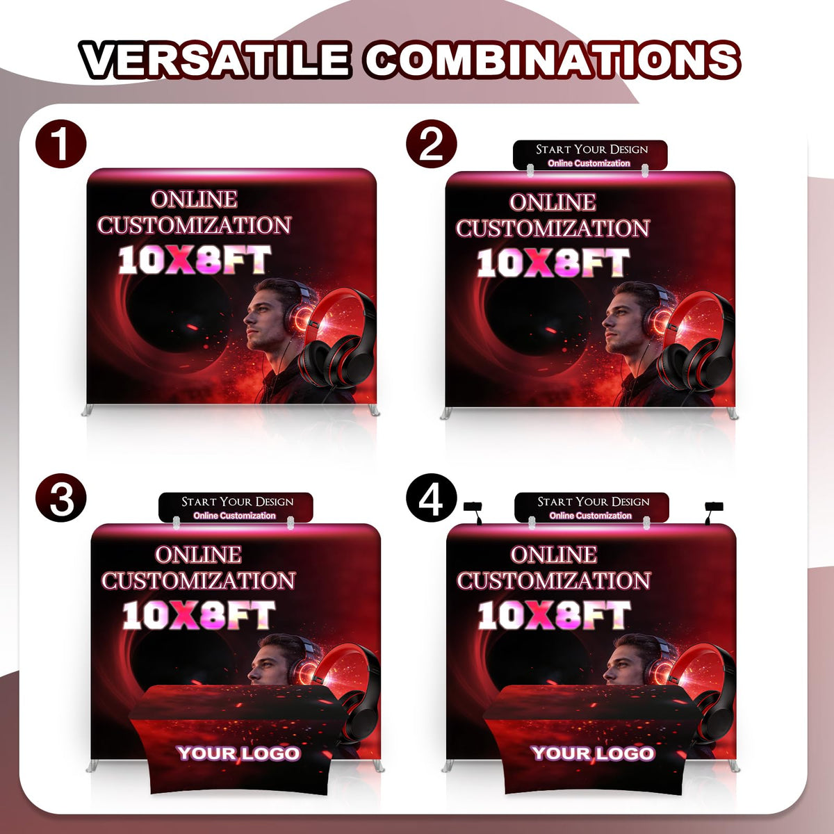 Custom Tension Fabric Display Backdrop with Header Banner for Trade Show Booth Display, Step and Repeat Banner Stand Sign Holders for Tradeshow, Business, Weddings & Events (Frame+Banner,8x8FT)