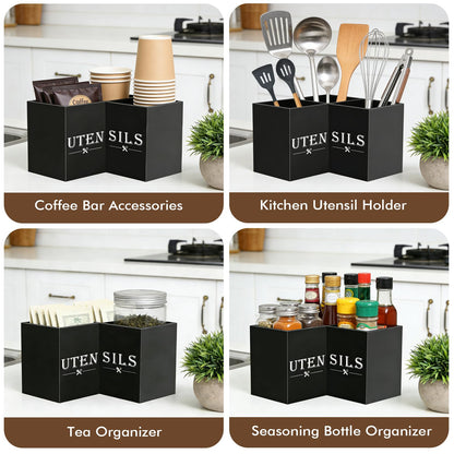 Himake Large kitchen Utensil Holder, Wooden Utensil Organizer for Kitchen Countertop, Spatula and Spoon Cooking Holder with 3 Compartments, Black