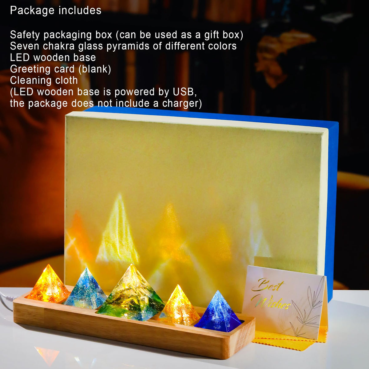 Ornalrist 5 Chakra Natural Healing Pyramid with Wooden LED Light Base Crystal Quartz Pyramid for Meditation, Positive Energy, Sleep, Spiritua Night Light Home Decor