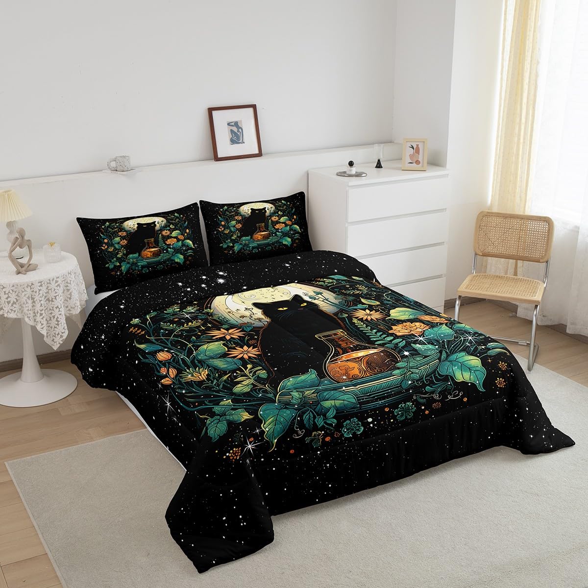 Cute Cat Comforter Set Full Size,Flower Leaves Kids Bedding Set Moon Night Starry Sky Quilt Set for Girls Boys Teens Room Decor,Trippy Pet Animals Plant Duvet Insert,2 Pillowcases,Black