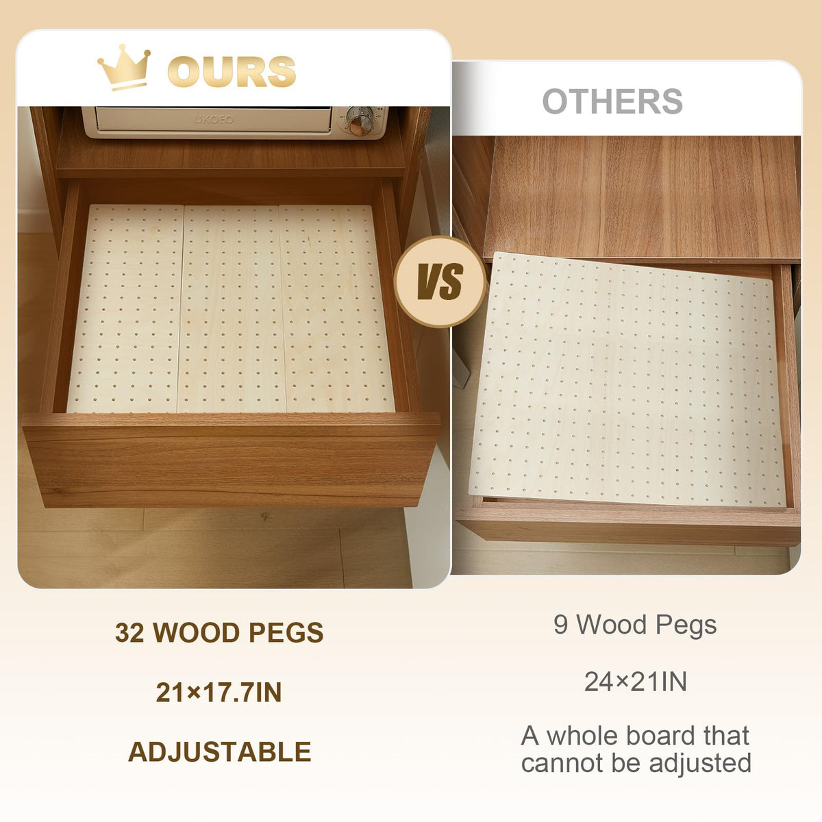 Kigley 3 Pcs Wood Pegboard Drawer Organizer with 32 Pegs Wooden Peg Board Drawer Shelf Organizer Adjustable Peg System for Dishes Plate Pot Container Cookware Utensil Kitchen (Wood,20.98 x 5.91 in)