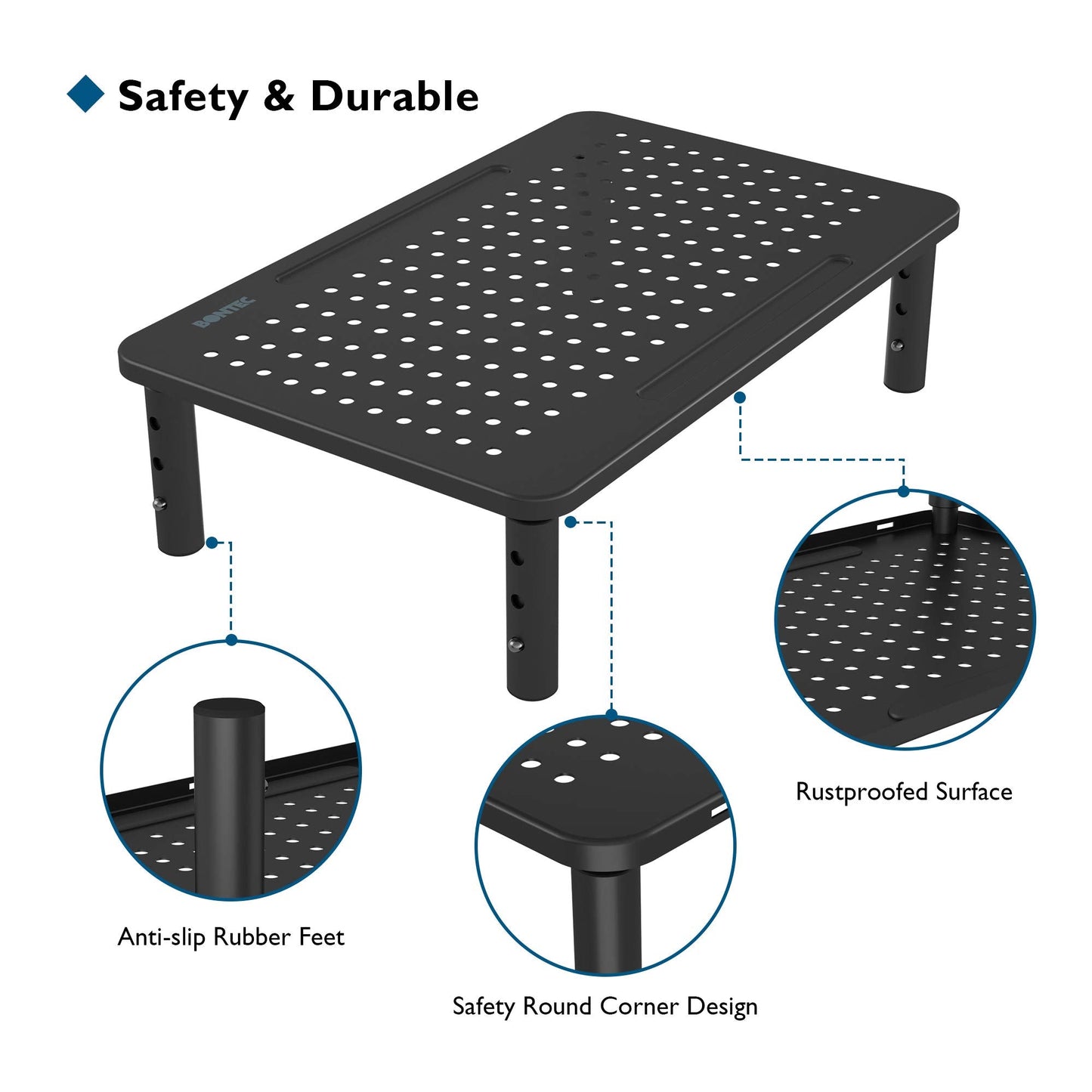 BONTEC Adjustable Monitor Riser for Desk, Ergonomic Metal Stand with 3 Height Levels (100/120/140mm), Mesh Surface for Airflow, Up to 20KG, Computer Stand, Cable Ties Included
