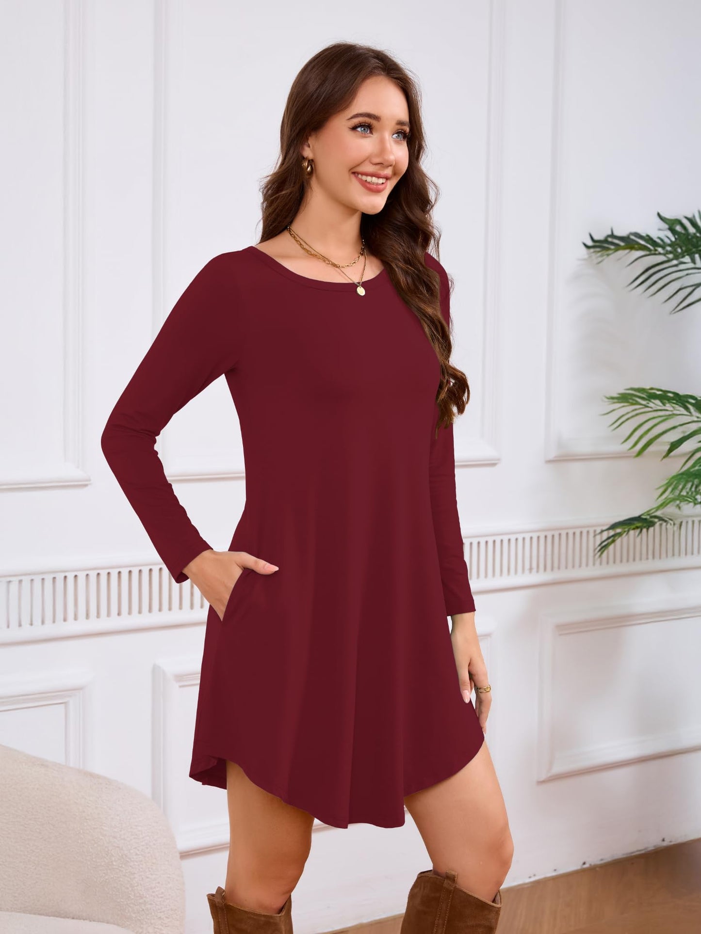 DEARCASE Women's Long Sleeve T Shirt Dress Wine Red Medium Crewneck Knee Length Loose Casual Flowy Swing Burgundy Tunic Dresses with Pockets